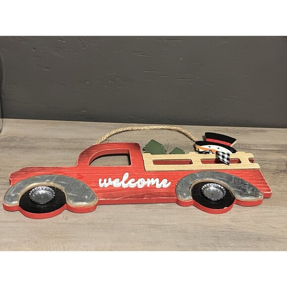 Hanging Red Truck Snowman Christmas Welcome Sign Rustic Country Farmhouse Cabin - Picture 2 of 4